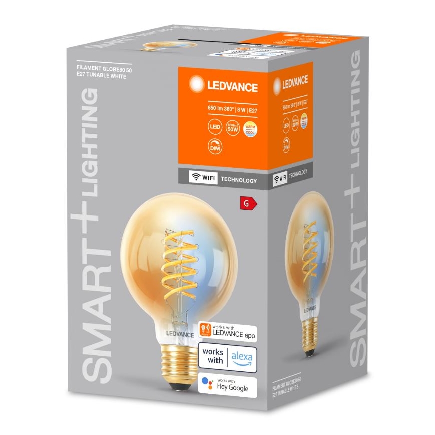 Світлодіодна лампочка з регулюванням яскравості SMART+ FILAMENT GLOBE G80 E27/8W/230V 2200-5000K Wi-Fi - Ledvance