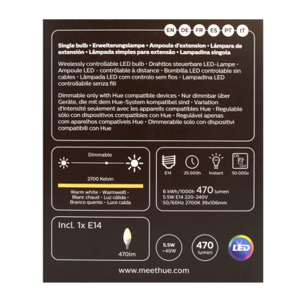 Світлодіодна лампочка з регульованням яскравості Philips Hue WHITE E14/5,5W/230V 2700K