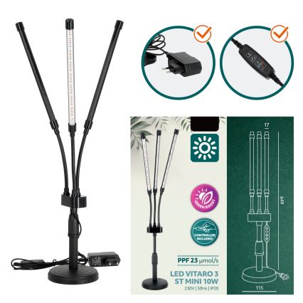 Світлодіодна регульована гнучка настільна лампа для вирощування рослин VITARO 3xLED/10W/230V чорна