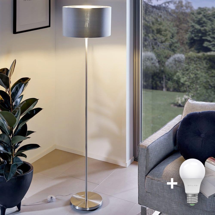 Світлодіодна підлогова лампа TUNJA 1xE27/20W/230V, діам. 30 см, матовий хром/сірий