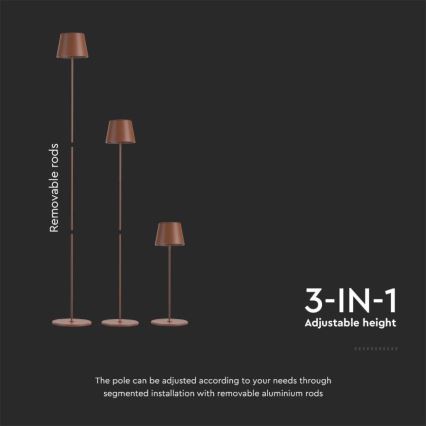 Світлодіодна регульована зарядна підлогова лампа 3 в 1 LED/4W/5V 4400 мАг 3000K IP54 коричнева