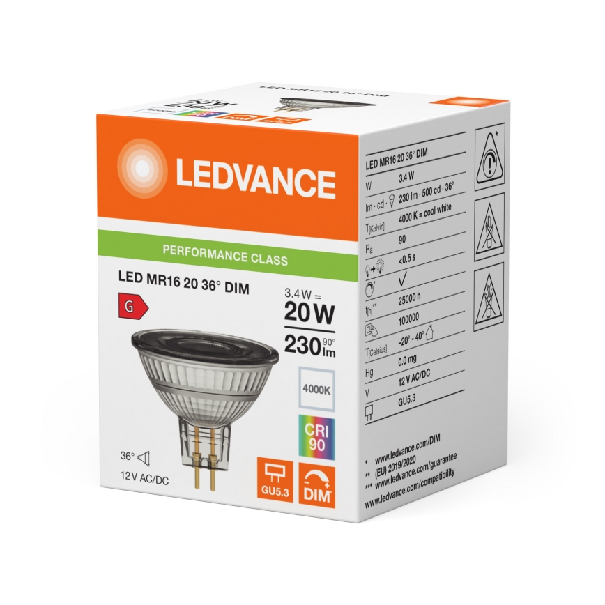 LED затемнювана рефлекторна лампа MR16 GU5,3/3,4W/12V 4000K 36° CRI 90 - Ledvance