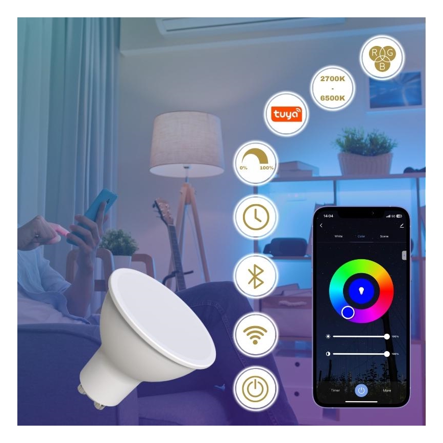 Світлодіодна RGBW димована лампа GU10/4,5 Вт/230 В 2700-6500K Wi-Fi Tuya