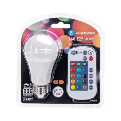 Світлодіодна RGBW лампочка з регулюванням яскравості E27/8W/230V 3000K + пульт дистанційного керування - Aigostar