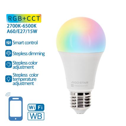 Світлодіодна RGBW лампочка з регулюванням яскравості A60 E27/15W/230V 2700-6500K Wi-Fi - Aigostar