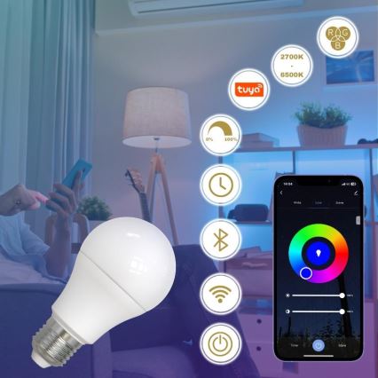 Світлодіодна RGBW лампочка з регулюванням яскравості A60 E27/9W/230V 2700-6500K Wi-Fi Tuya
