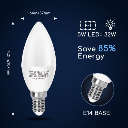 Світлодіодна RGBW лампочка з регулюванням яскравості C37 E14/5W/230V 3000-6500K Wi-Fi - Aigostar