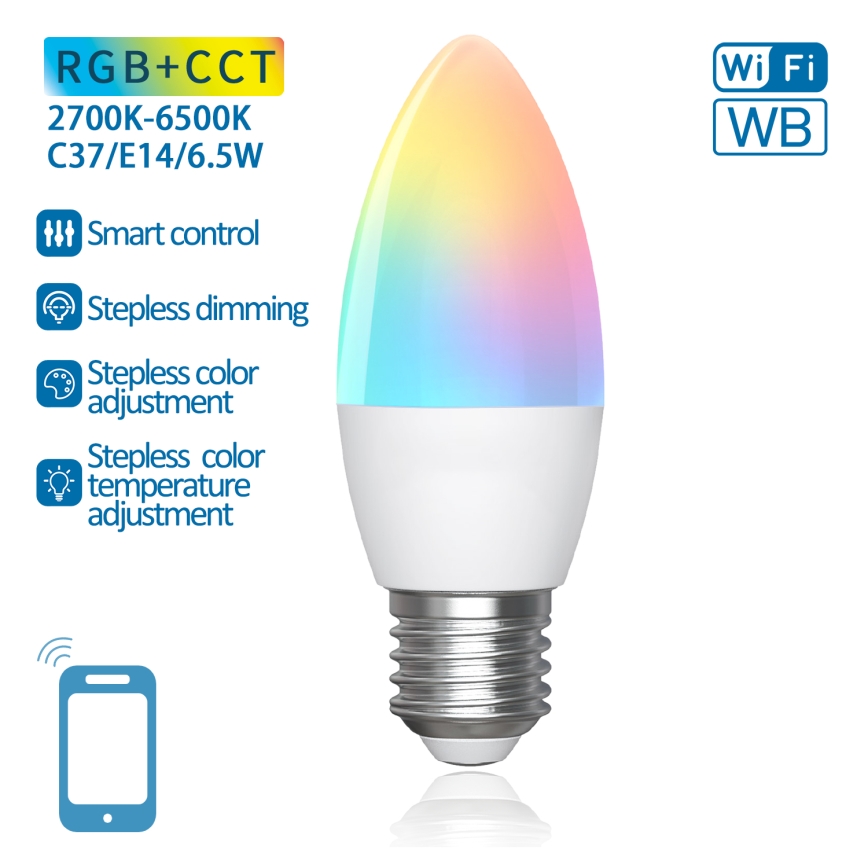Світлодіодна RGBW лампочка з регулюванням яскравості C37 E27/6,5W/230V 2700-6500K Wi-Fi - Aigostar