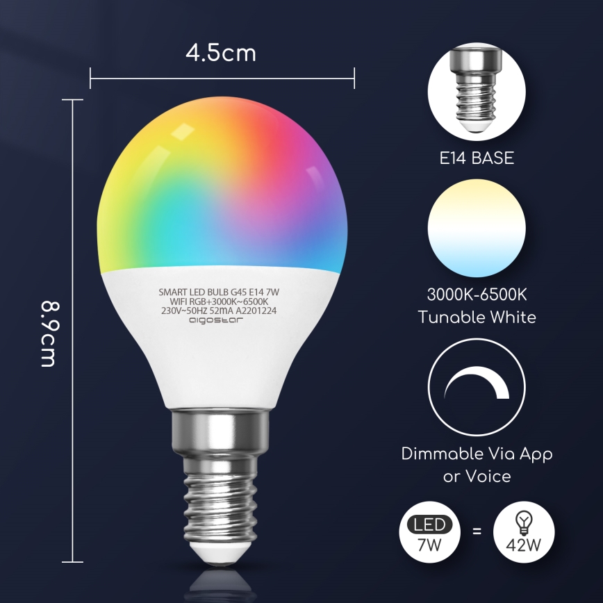 Світлодіодна RGBW лампочка з регулюванням яскравості G45 E14/7W/230V 3000-6500K Wi-Fi - Aigostar