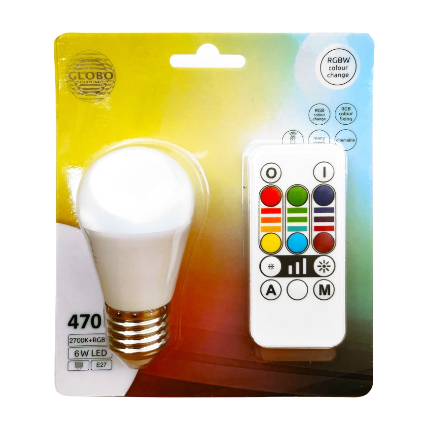 Світлодіодна RGBW лампочка з регулюванням яскравості E27/6W/230V 3000K + пульт дистанційного керування - Globo