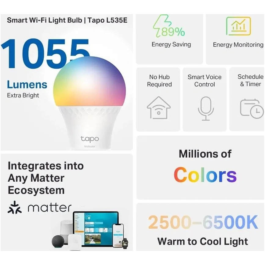 LED RGBW лампа з можливістю регулювання яскравості MATTER A60 E27/8,6W/230V 2500-6500K Wi-Fi - TP-Link