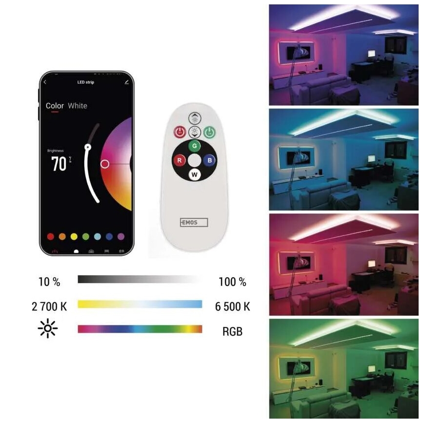 Світлодіодна RGB+CCT стрічка з регулюванням яскравості GOSMART LED/21W/230V 5 м 2700-6500K IP44 Wi-Fi + дистанційне керування