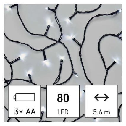 Світлодіодна вулична різдвяна гірлянда 80xLED/3xAA 6,1 м IP44 холодний білий
