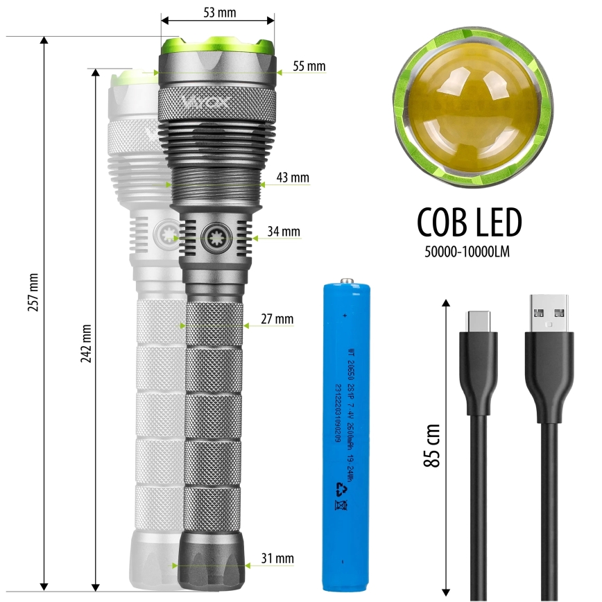 LED Акумуляторний ліхтарик з регулюванням яскравості з функцією Power Bank LED/5V IPX7 10000 лм 2600 mAh