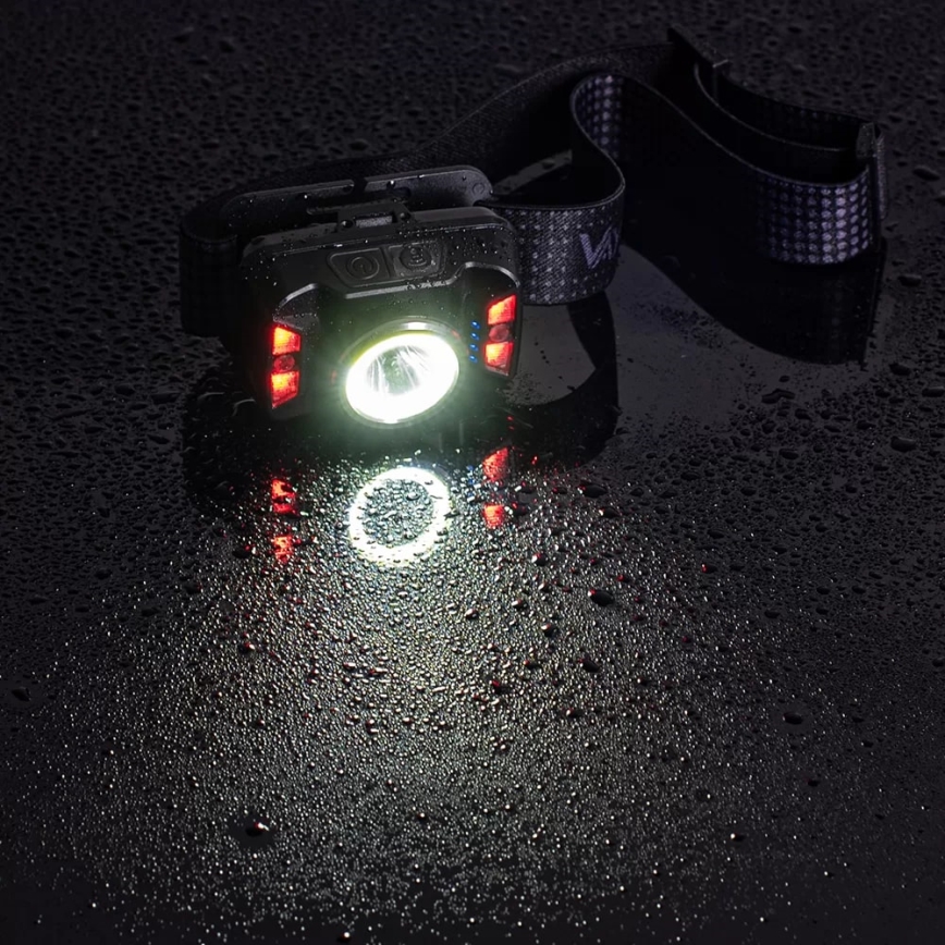 LED Акумуляторний налобний ліхтар з регулюванням яскравості з датчиком і червоним світлом LED/15W/5V IP66 430 лм 1800 mAh