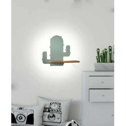 Світлодіодний дитячий настінний світильник з поличкою CACTUS LED/4W/230V зелений/дерево