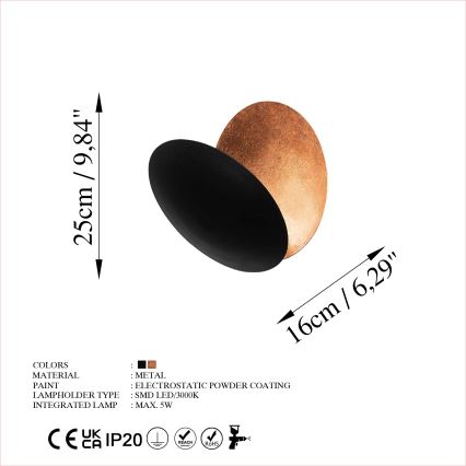 Світлодіодний настінний світильник YOSMA LED/5W/230V 3000K чорний/мідний