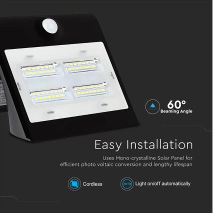 Світлодіодний настінний світильник з датчиком на сонячній батареї LED/3W/3,7V 3000/4000K IP65 2000 mAh чорний