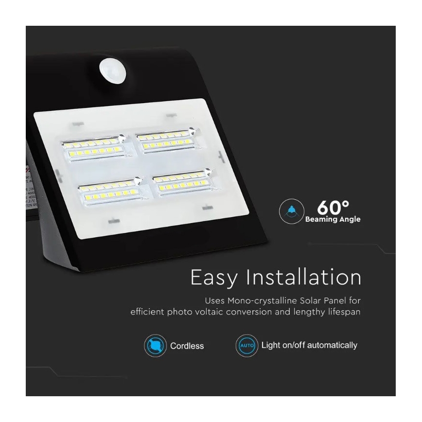 Світлодіодний настінний світильник з датчиком на сонячній батареї LED/3W/3,7V 3000/4000K IP65 2000 mAh чорний