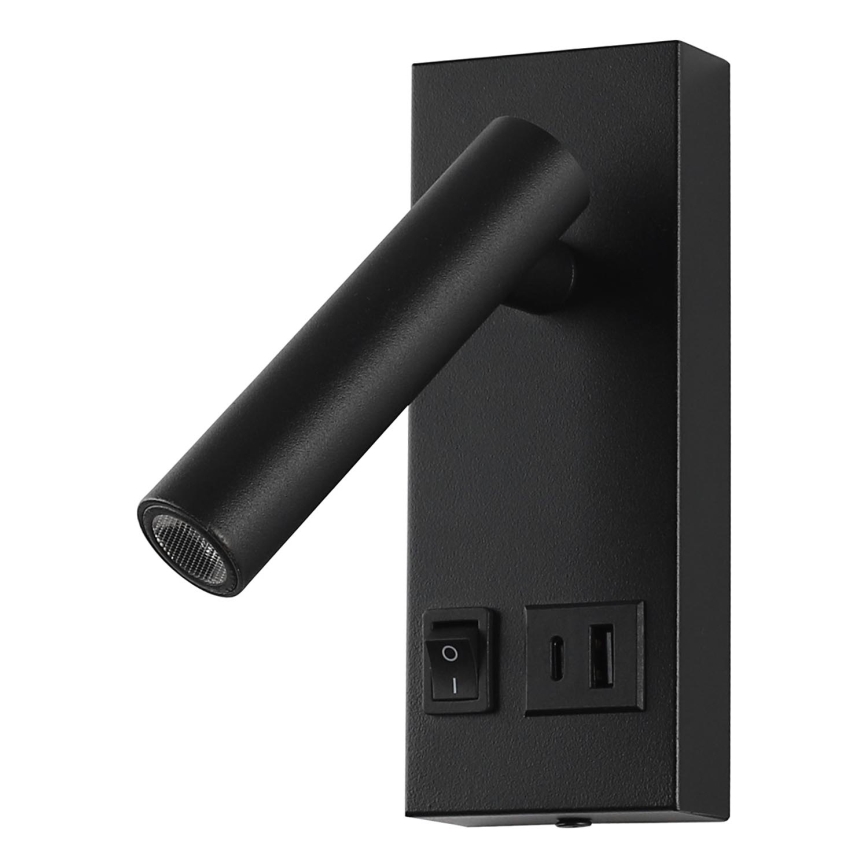 Світлодіодний настінний точковий світильник з USB LED/2W/230V чорний