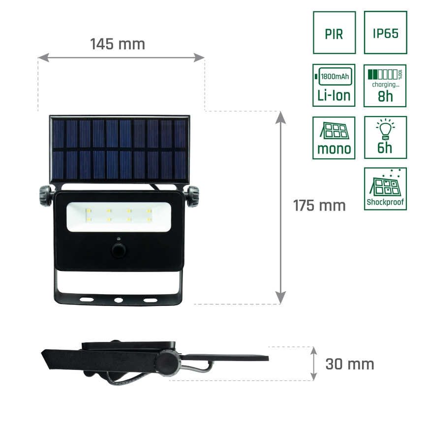 Світлодіодний прожектор на сонячній батареї з датчиком NOCTIS LED/2W/1800 mAh 3,7V 6000K IP65