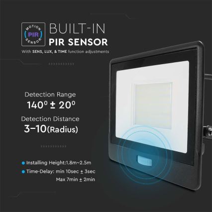 Світлодіодний прожектор з датчиком LED/50W/230V 6500K IP65 чорний