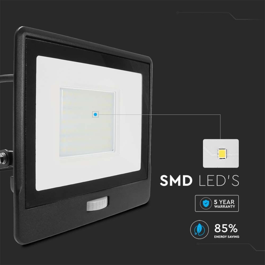 Світлодіодний прожектор з датчиком LED/50W/230V 6500K IP65 чорний