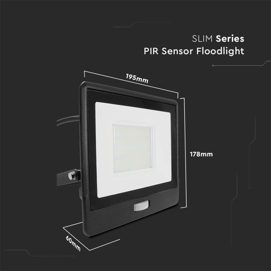 Світлодіодний прожектор з датчиком LED/50W/230V 6500K IP65 чорний