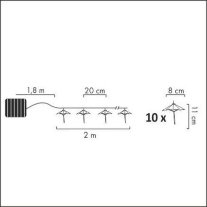Світлодіодний сонячний ланцюг 10xLED/1,2В 300 мАг 3,8 м IP44 парасолі
