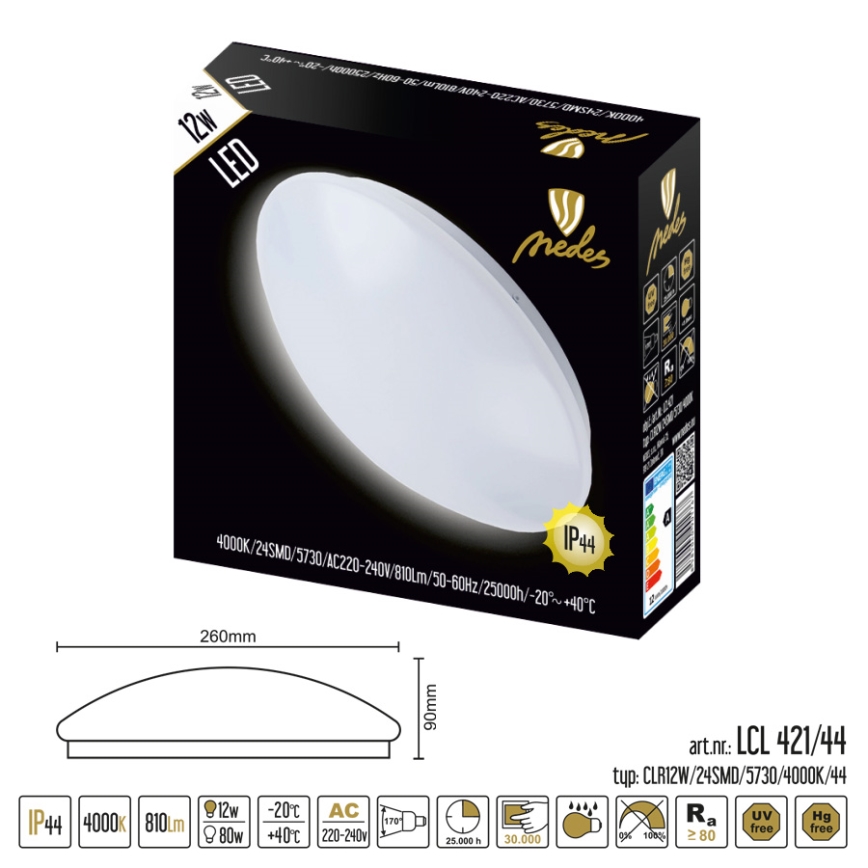 Світлодіодний стельовий світильник для ванної кімнати LED/12W/230V IP44