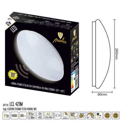 Світлодіодний стельовий світильник з датчиком LED/12W/230V 4000K