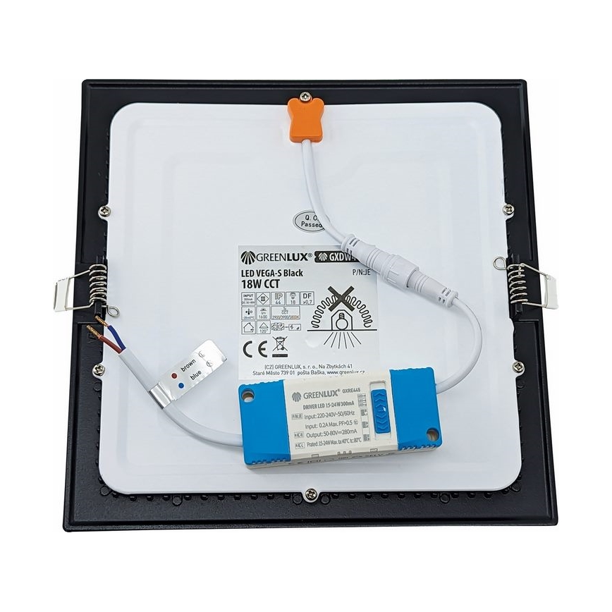 Світлодіодний вбудований світильник VEGA LED/18W/230V 2900/3900/5800K 22,5x22,5 см чорний