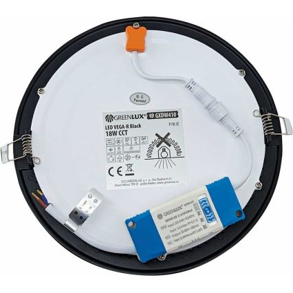 Світлодіодний вбудований світильник VEGA LED/18W/230V 2900/3900/5800K діаметр 22,5 см чорний
