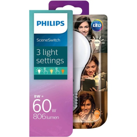 Світлодіодна лампочка Philips SCENE SWITCH A60 E27/8W/230V 2200K-2700K