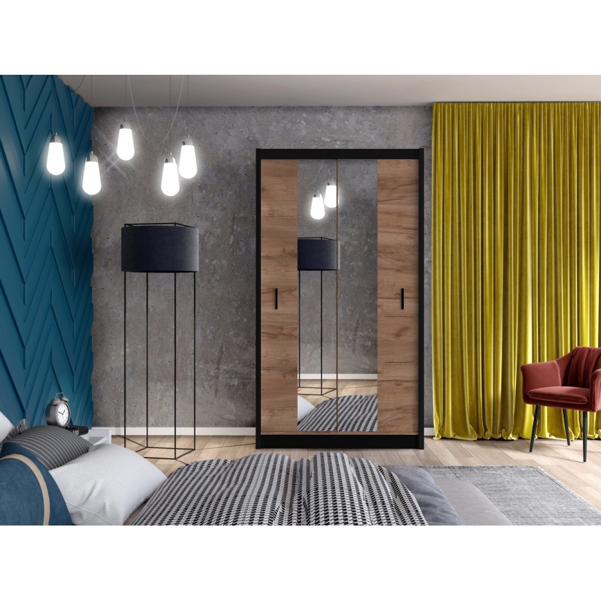 Шкаф-купе с зеркалом MIRO 120x215 см дуб крафт/черный