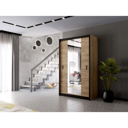 Шкаф-купе с зеркалом MIRO 150x215 см дуб крафт/черный