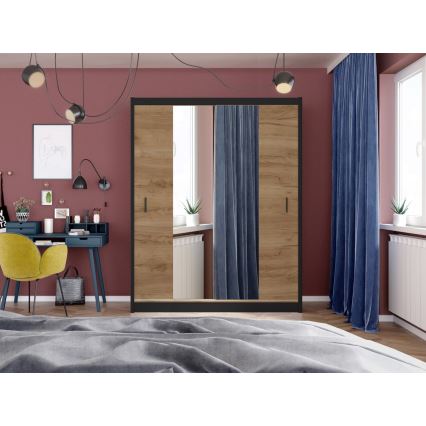 Шкаф-купе с зеркалом MIRO 203x215 см дуб крафт/черный