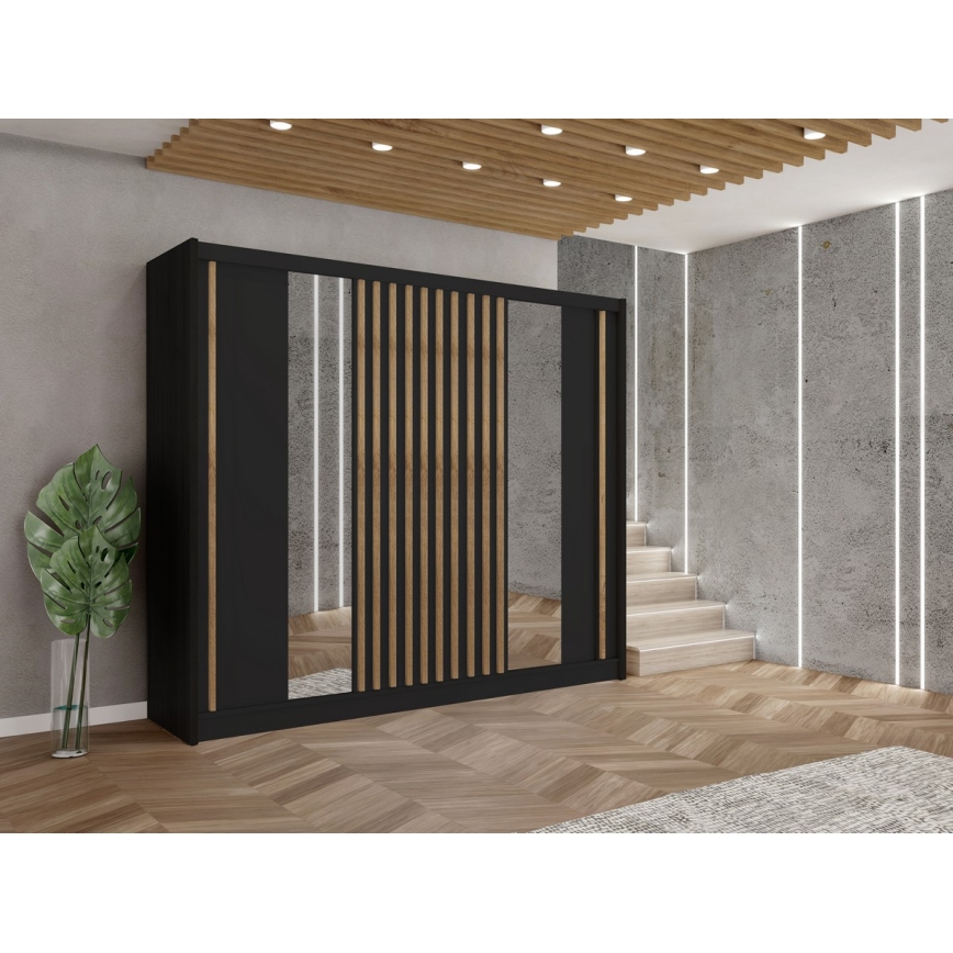 Шкаф с зеркалом SANTINO 250x215 см черный/дуб крафт