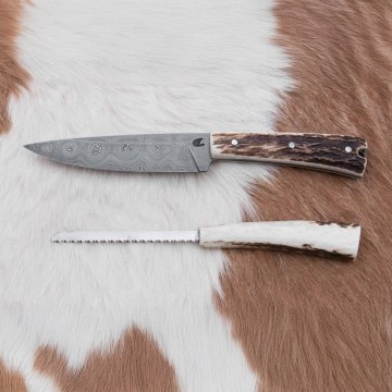 Складной охотничий нож из дамасской стали с мини-пилой 12 см оленьи рога