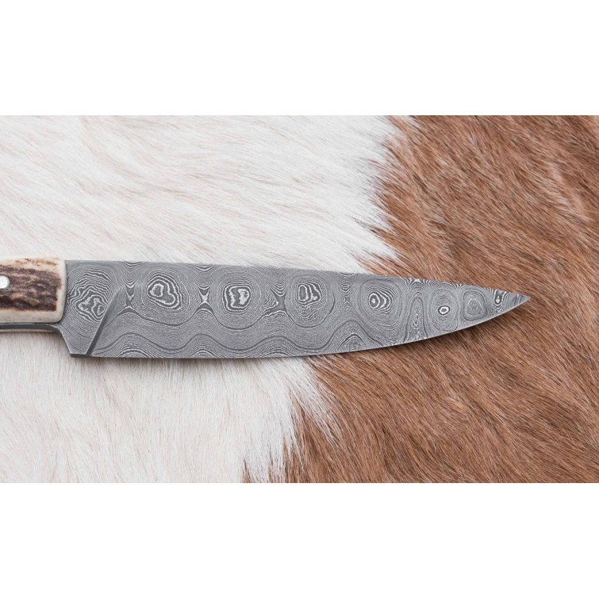 Складной охотничий нож из дамасской стали с мини-пилой 12 см оленьи рога