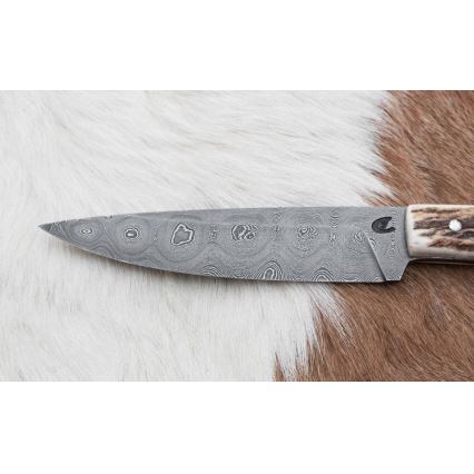 Складной охотничий нож из дамасской стали с мини-пилой 12 см оленьи рога
