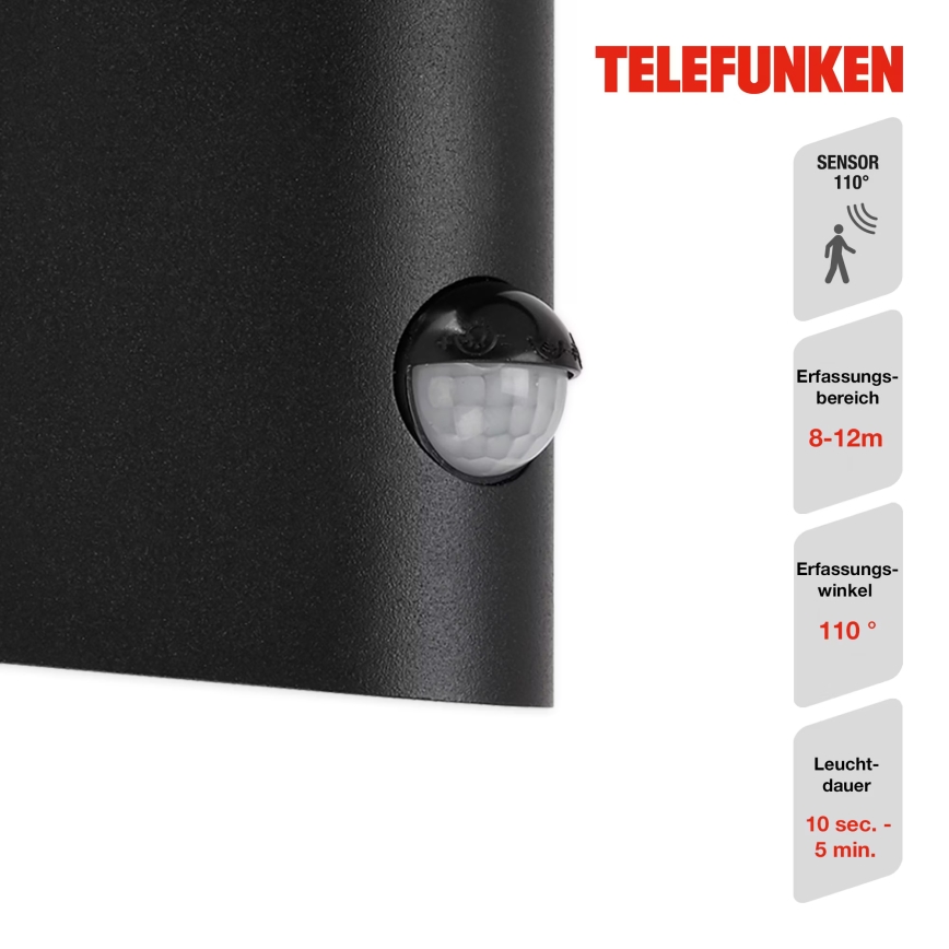Telefunken 312505TF-LED Вуличний настінний світильник з датчиком LED/10W/230V IP44 чорний