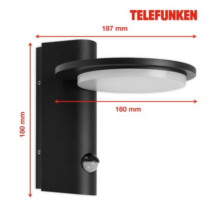 Telefunken 312505TF-LED Вуличний настінний світильник з датчиком LED/10W/230V IP44 чорний