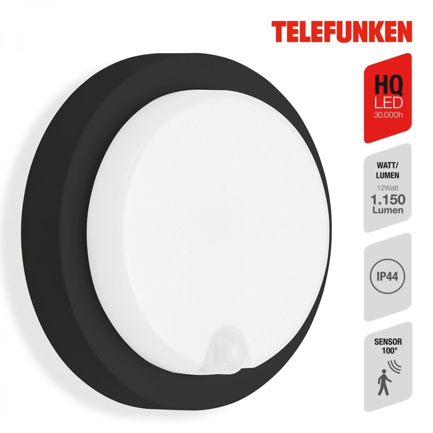 Telefunken 315305TF - LED Вуличний настінний світильник з датчиком LED/12W/230V IP44 чорний