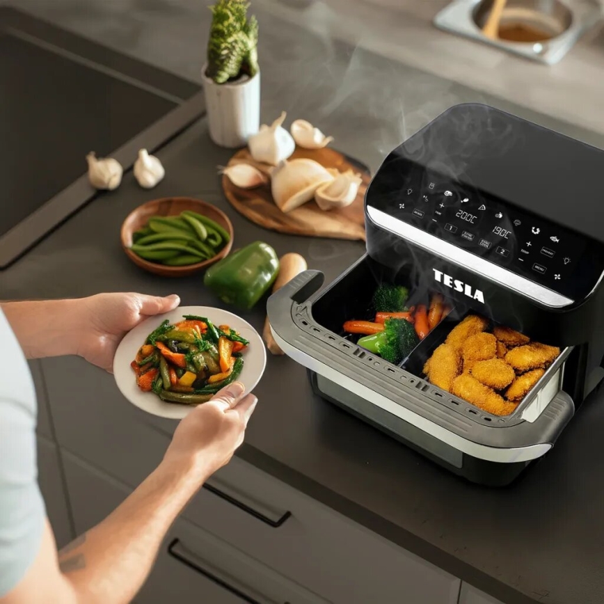 TESLA Electronics AirCook - Багатофункційна подвійна цифрова аерофритюрниця 10 л 2400 Вт/230 В
