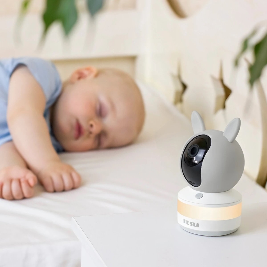 TESLA Electronics Bambino - Розумна дитяча відеоняня, 4 Мп (2560p), 5 В, Wi‑Fi, Tuya, сірий/білий