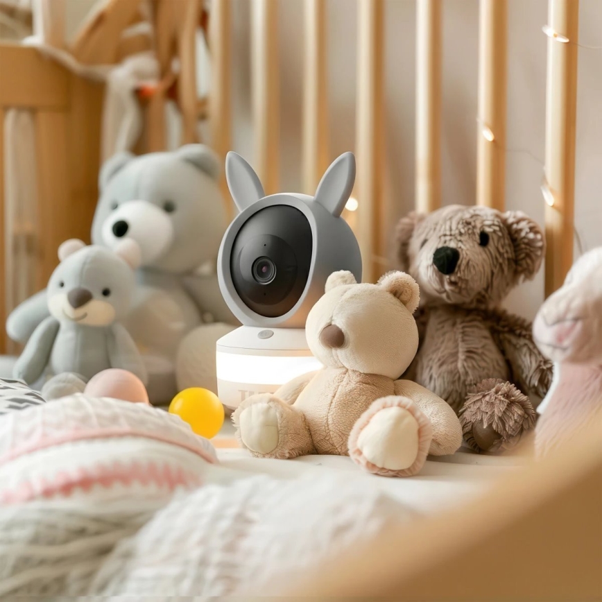 TESLA Electronics Bambino - Розумна дитяча відеоняня, 4 Мп (2560p), 5 В, Wi‑Fi, Tuya, сірий/білий