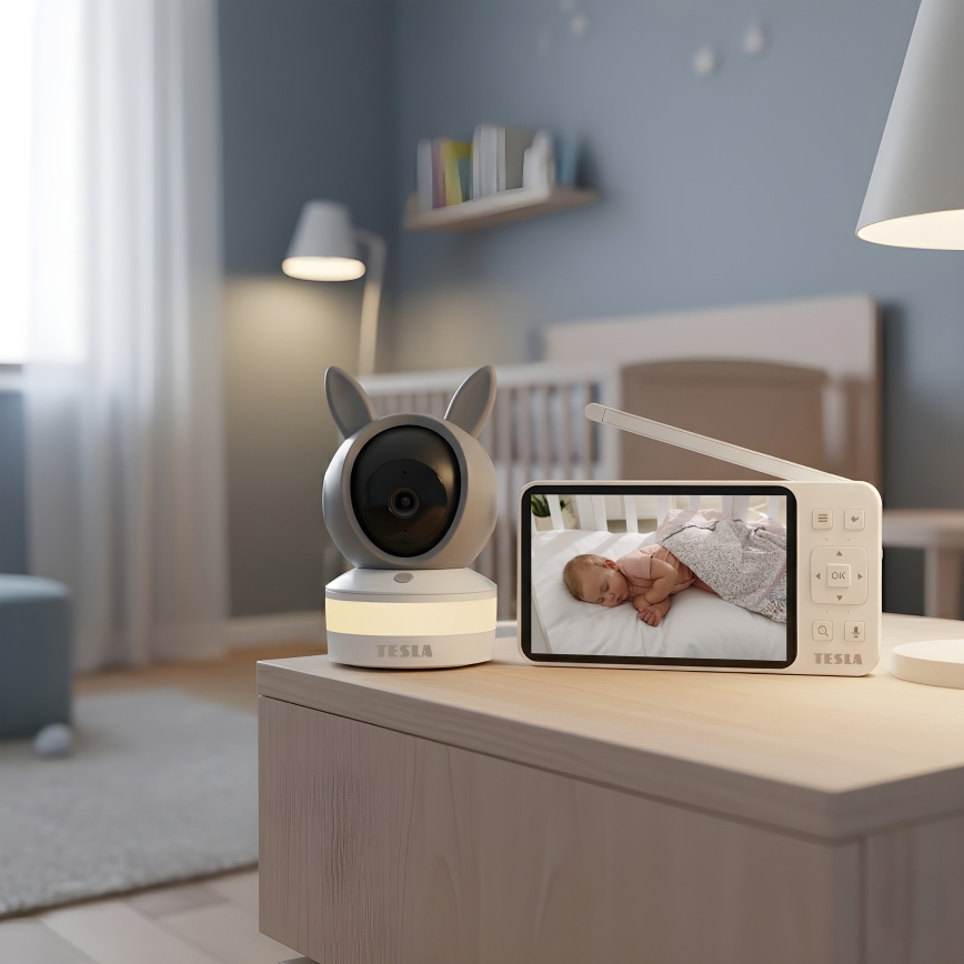 TESLA Electronics Bambino — розумна відеоняня з монітором і камерою 4 МП (2560p), 5V, акумулятор 5000 mAh, Wi‑Fi, сумісна з Tuya, сірий/білий