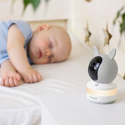 TESLA Electronics Bambino — розумна відеоняня з монітором і камерою 4 МП (2560p), 5V, акумулятор 5000 mAh, Wi‑Fi, сумісна з Tuya, сірий/білий