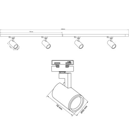 Точковий світильник для трекової системи LYNX 4xGU10/10W/230V + 2 x 75 см трекова система білий